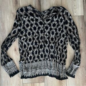 Lucky Brand Boho Button Front Long Sleeve Printed Henley Top Medium